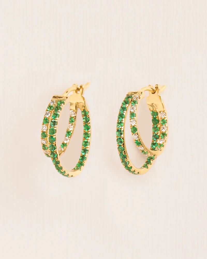 Trompe l'oeil hoops with emerald and diamonds in 18 ct. gold