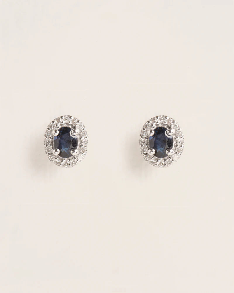 Stud earrings with oval sapphire and diamond rosas in 18 ct. gold