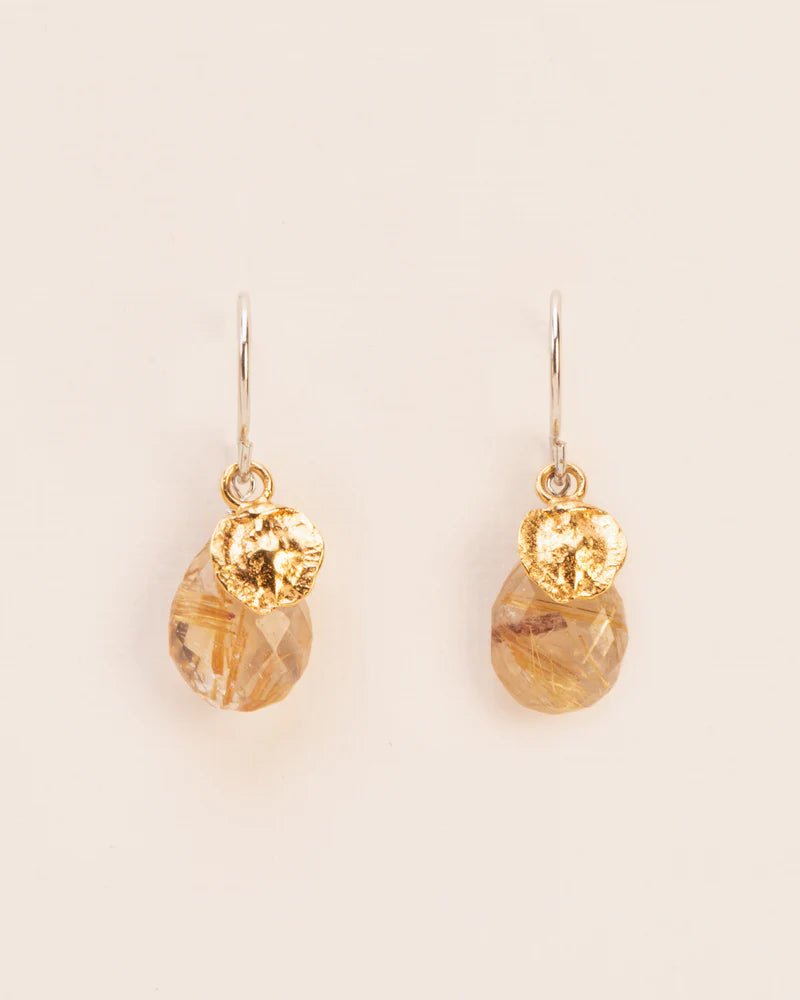 Hook earrings with rutilated quartz and mustard seed