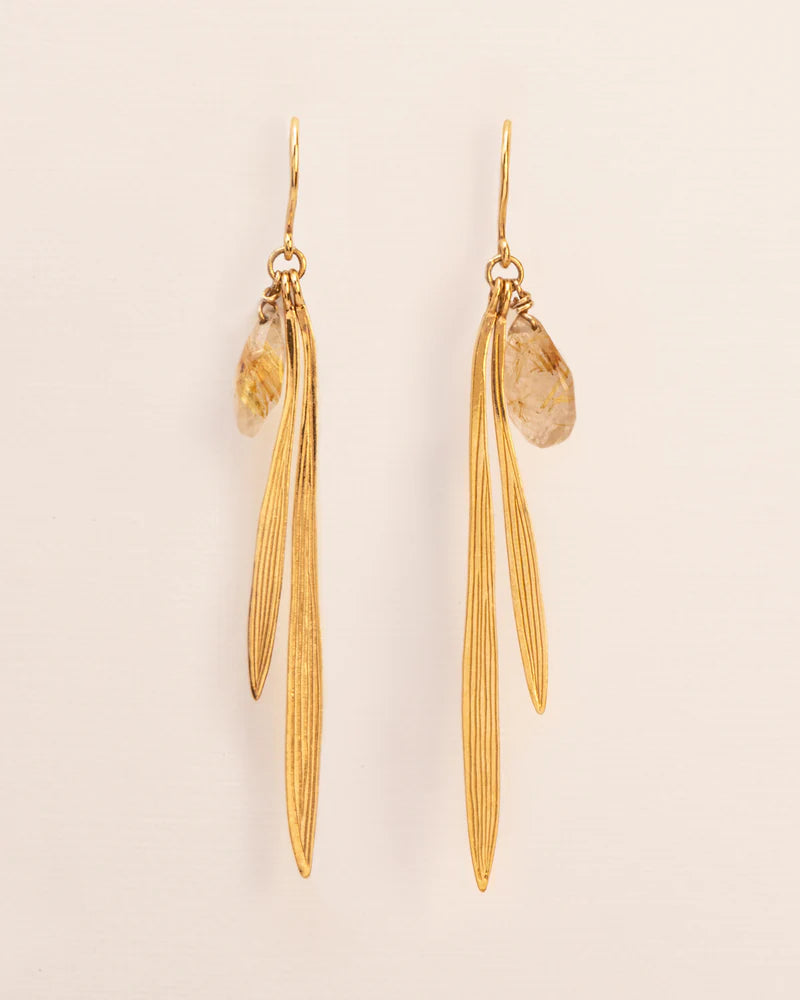 Hook earrings with bamboo leaves and rutilated quartz