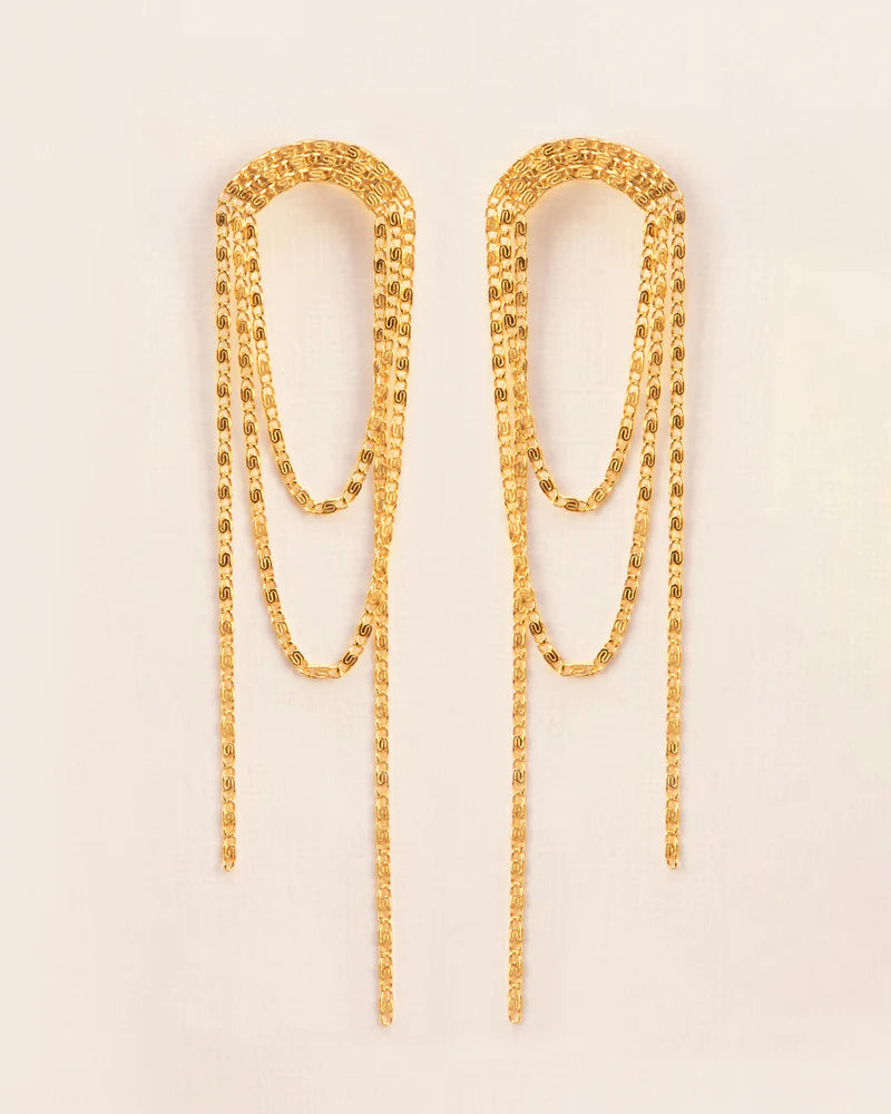 Stud earrings with signature falling chains