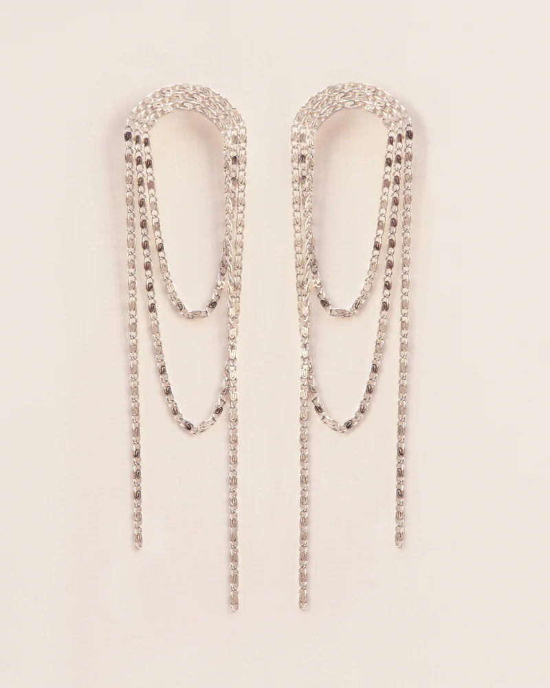 Stud earrings with signature falling chains