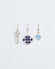 Triple charm hoops with key, mosaic and Swiss blue topaz
