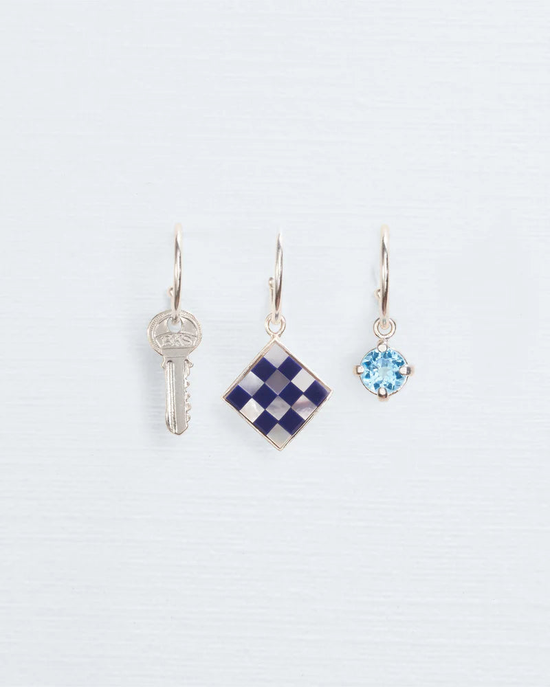 Triple charm hoops with key, mosaic and Swiss blue topaz