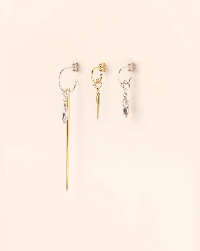 Trio of hoop earrings with marquis crystal, spring ring and spikes