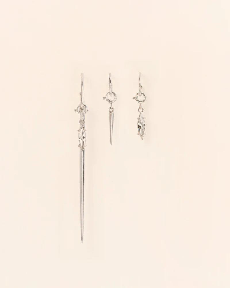 Trio of hoop earrings with marquis crystal, spring ring and spikes