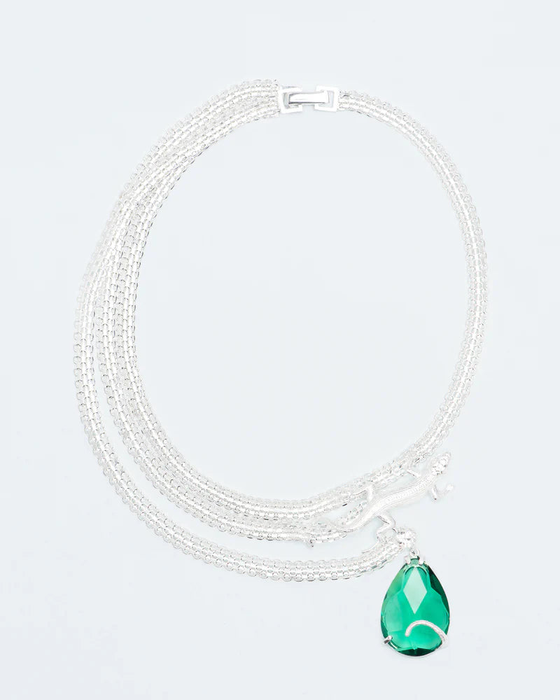 Multifunctional chain necklace with salamander and emerald crystal drop