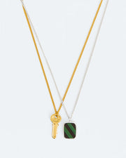 Duo necklace with key and malachite and onyx mosaic pendants