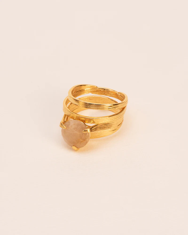 Stacked ring with bamboo leaves and rutilated quartz