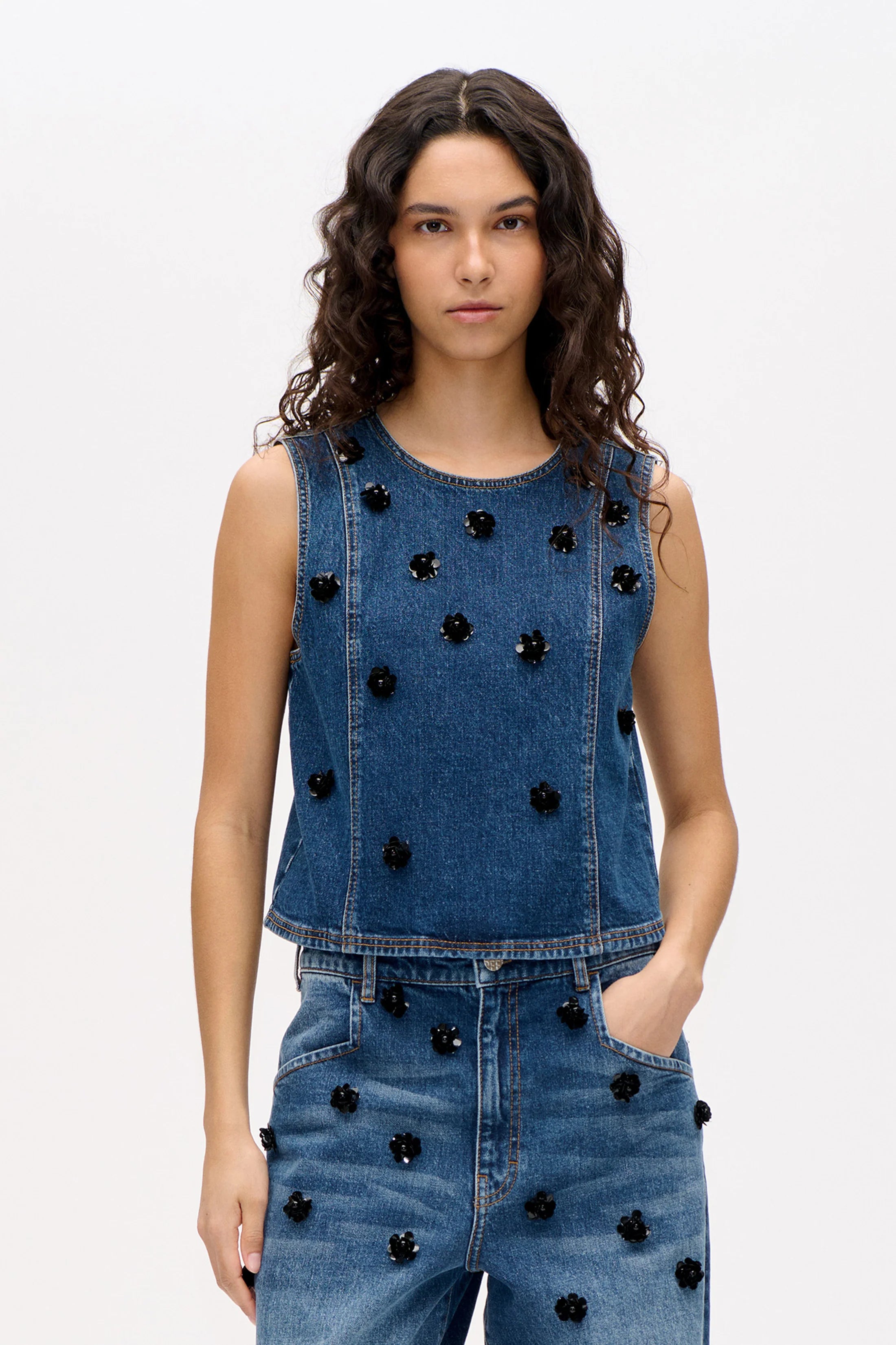 Madine Top in Denim Sequince Flower
