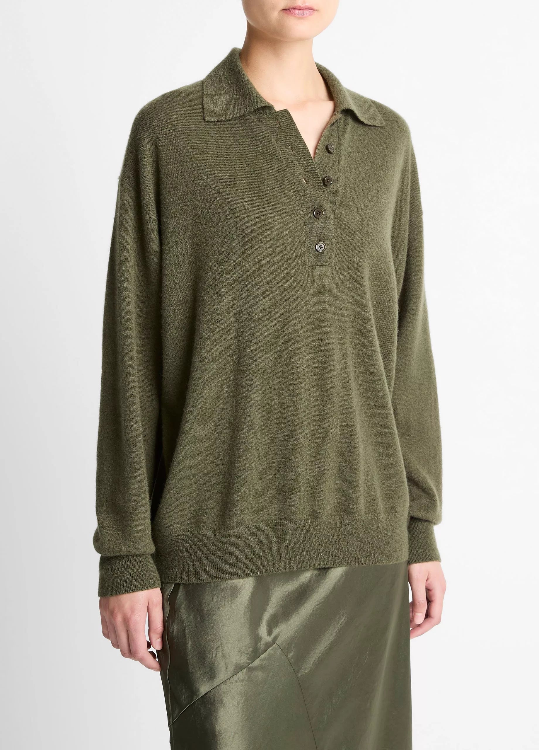 Cashmere-Silk Wide-Placket Polo Sweater