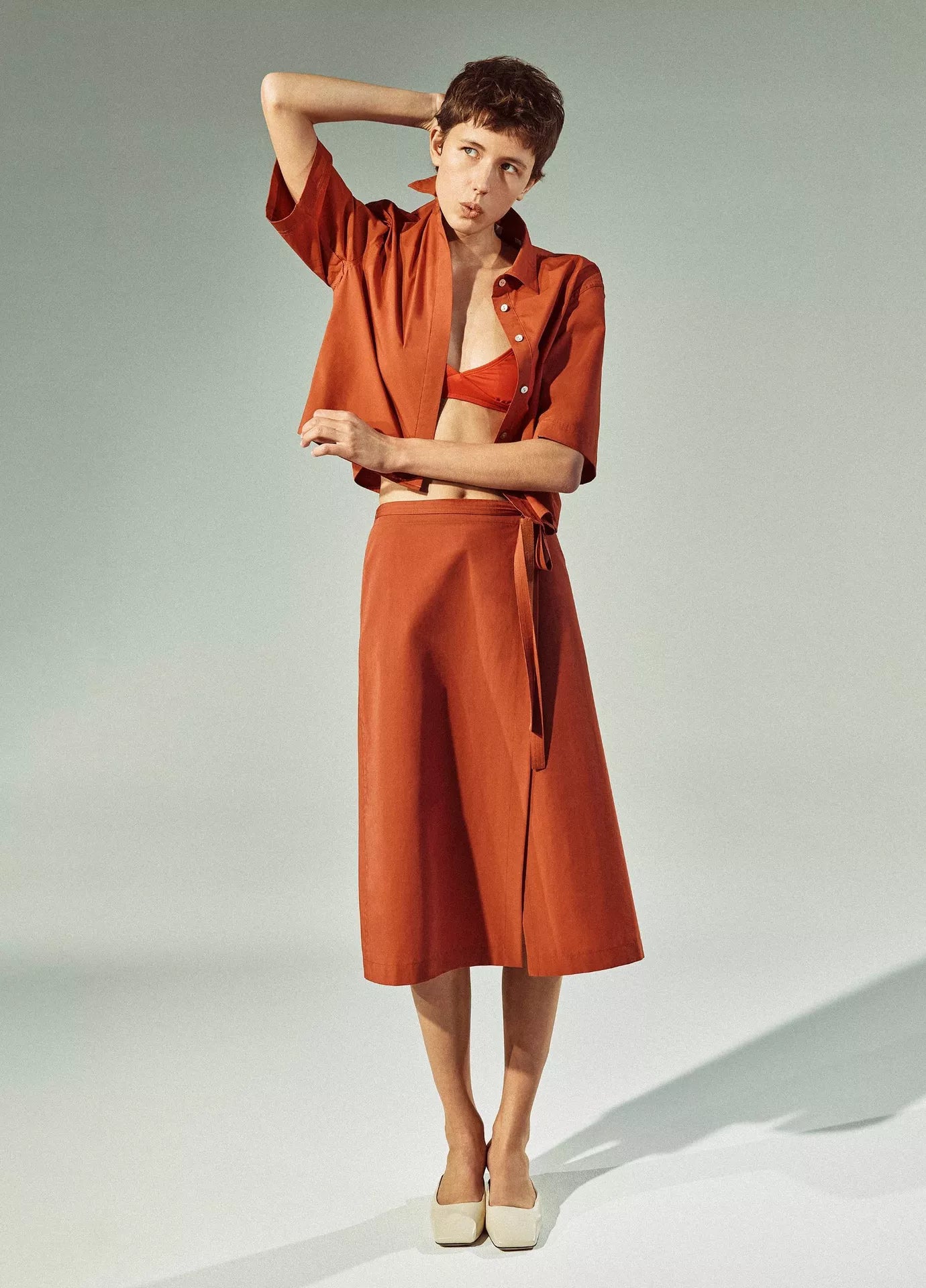 Cotton Short-Sleeve Cropped Shirt Brick Rose