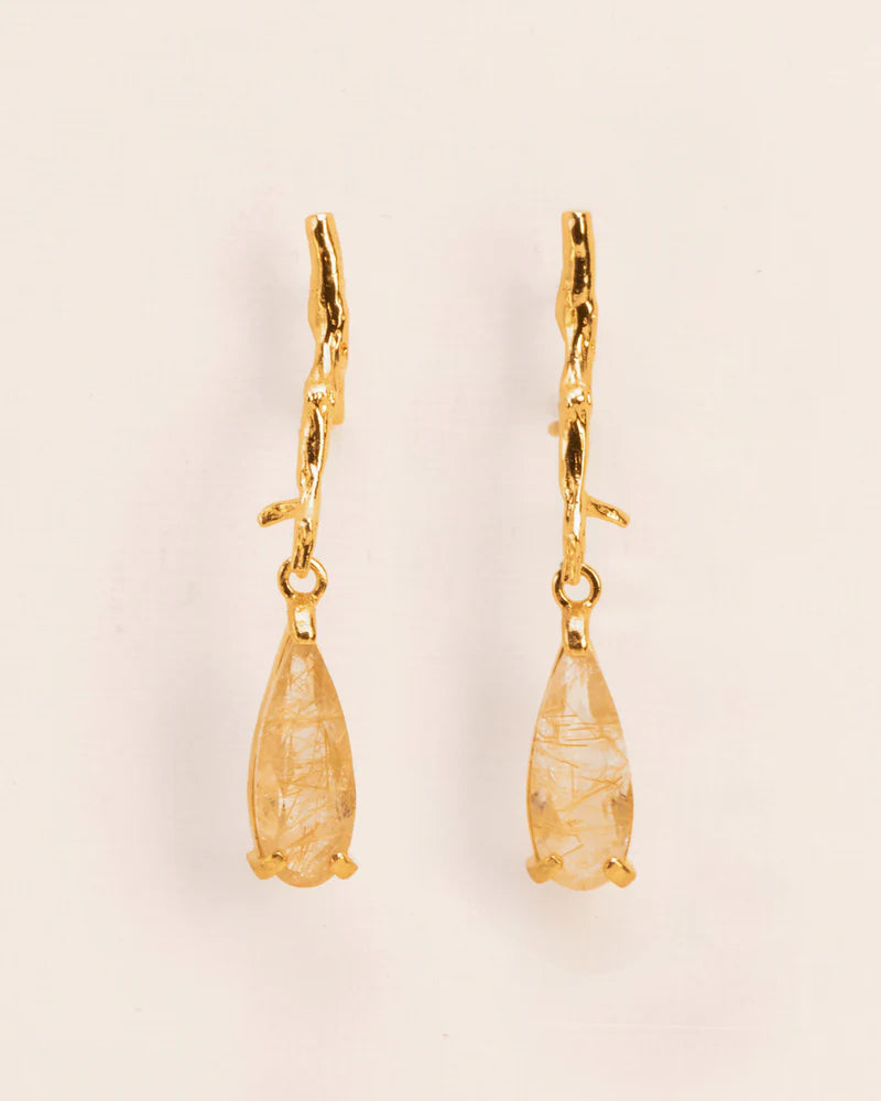 Branch-shaped stud earrings with rutilated quartz drop