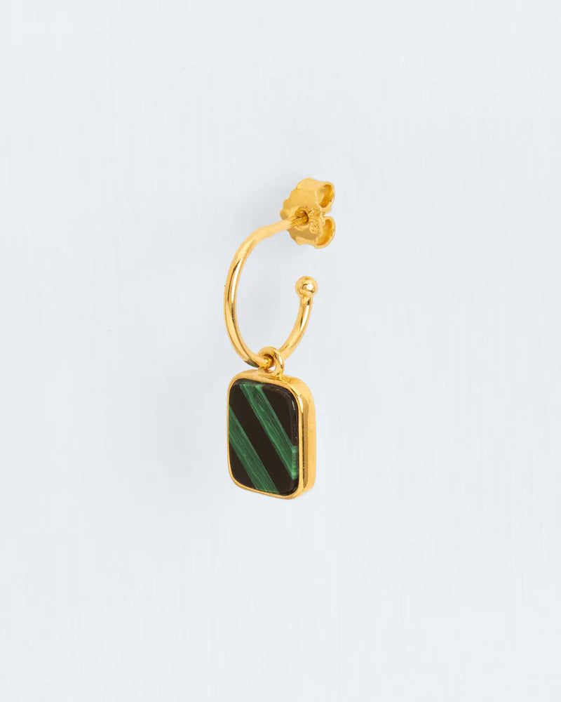 Single hoop earring with malachite and onyx mosaic pendant