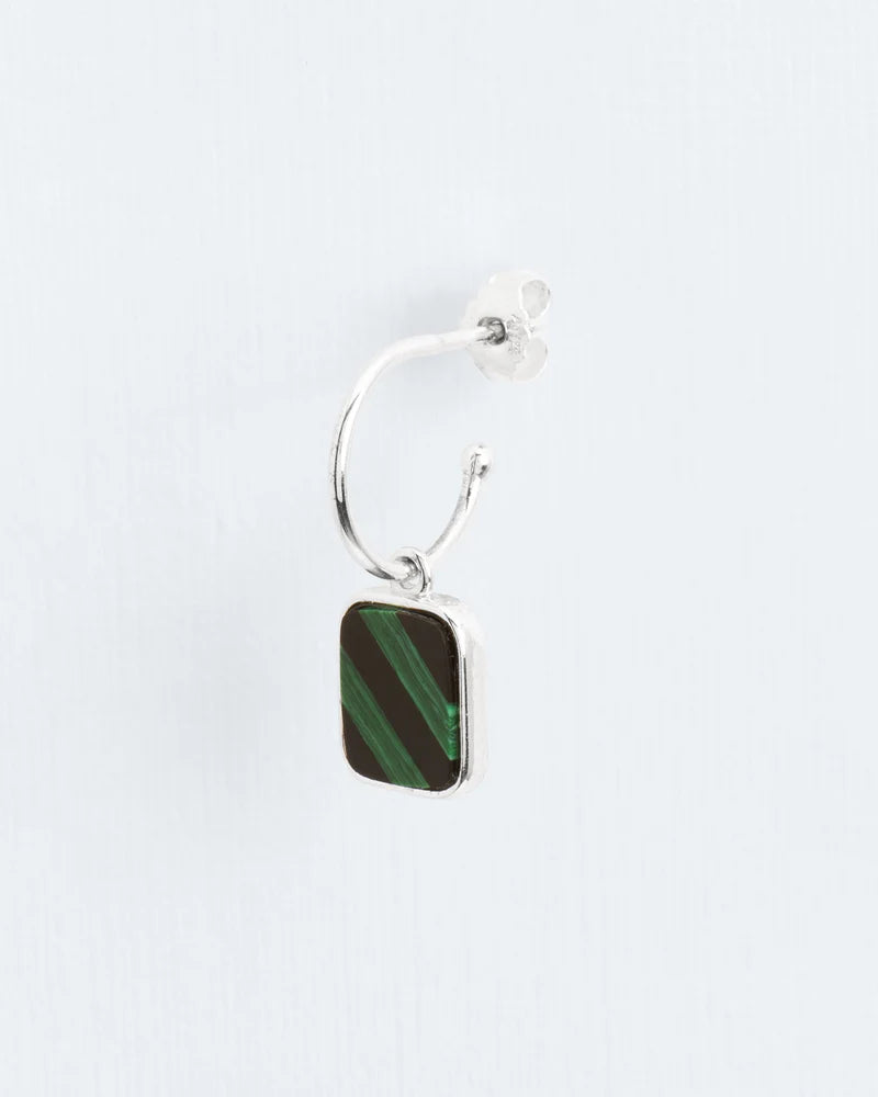 Single hoop earring with malachite and onyx mosaic pendant