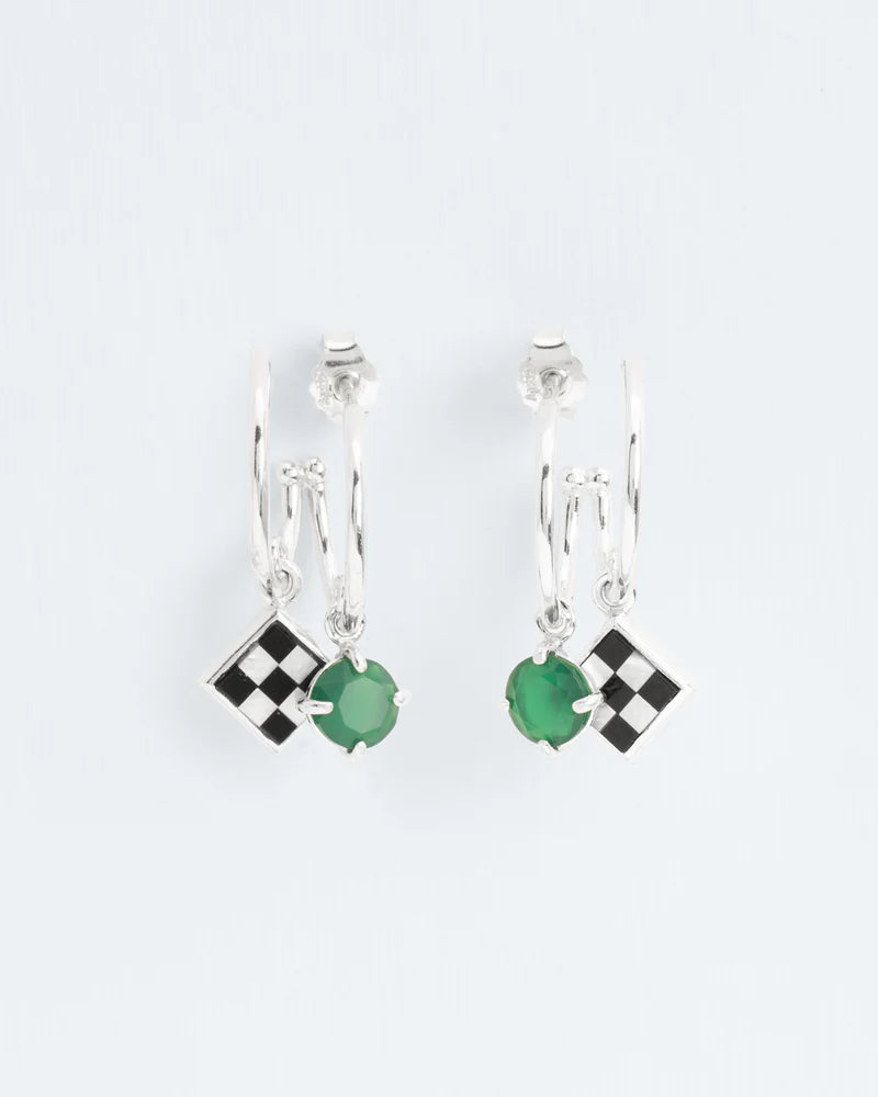 Trompe l'oeil earrings with an onyx and mother of pearl mosaic and a green agate pendant