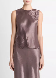 Floral-Embroidered Satin Shell