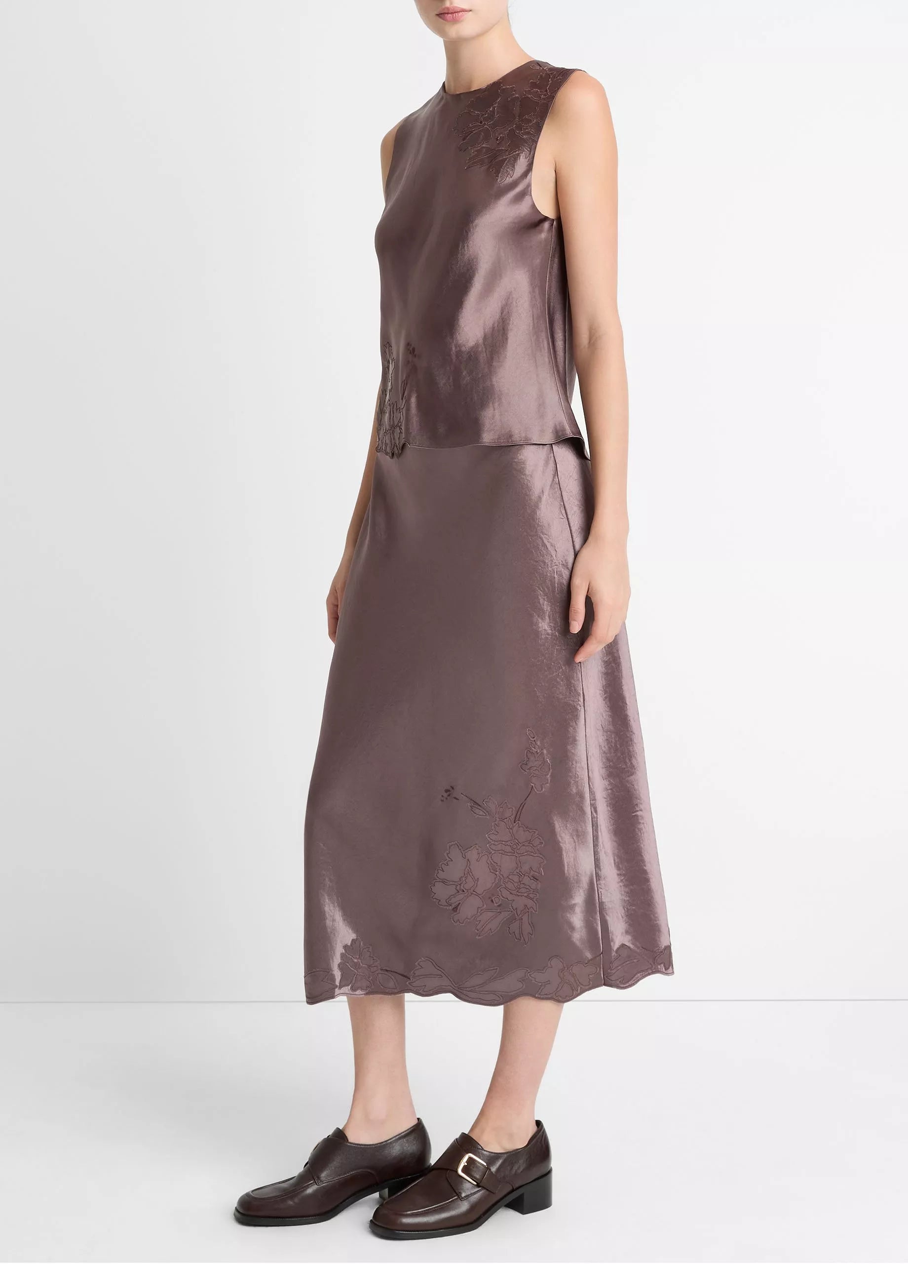 Floral-Embroidered Satin Slip Skirt