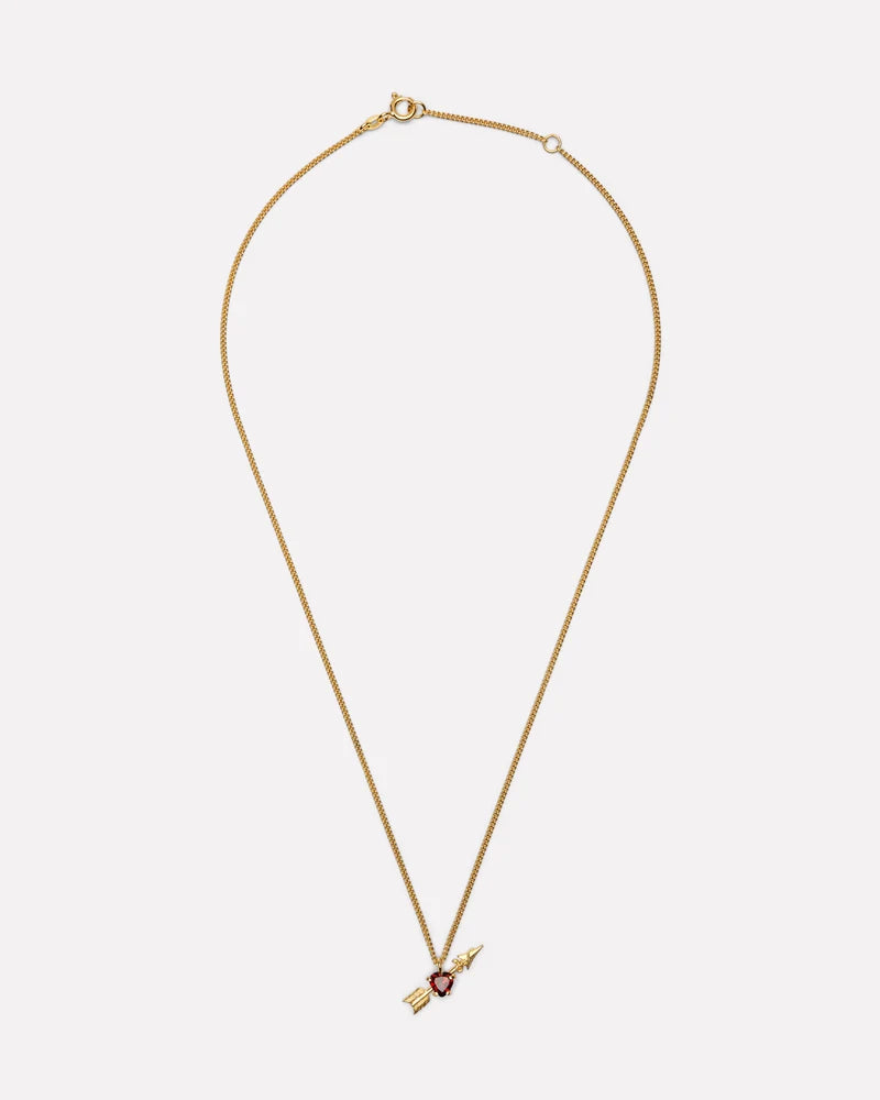 Necklace with heart-shaped garnet and arrow pendant