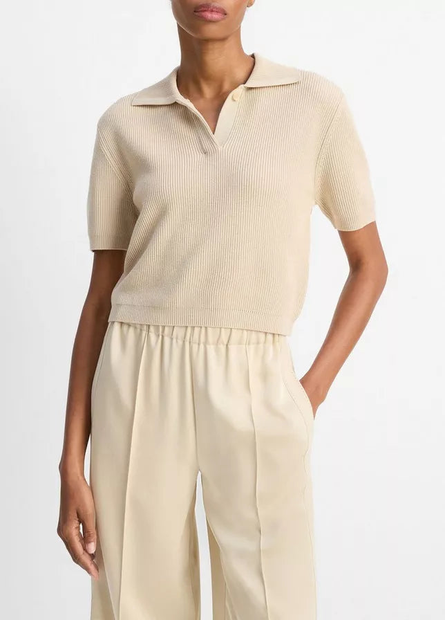 Ribbed Silk-Cotton Polo Sweater Pale Canyon