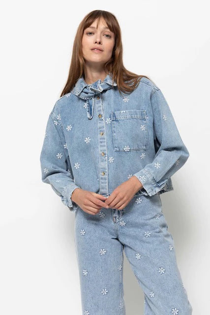 Nobody Shirt With Removable Scarf | Denim Blue flowers