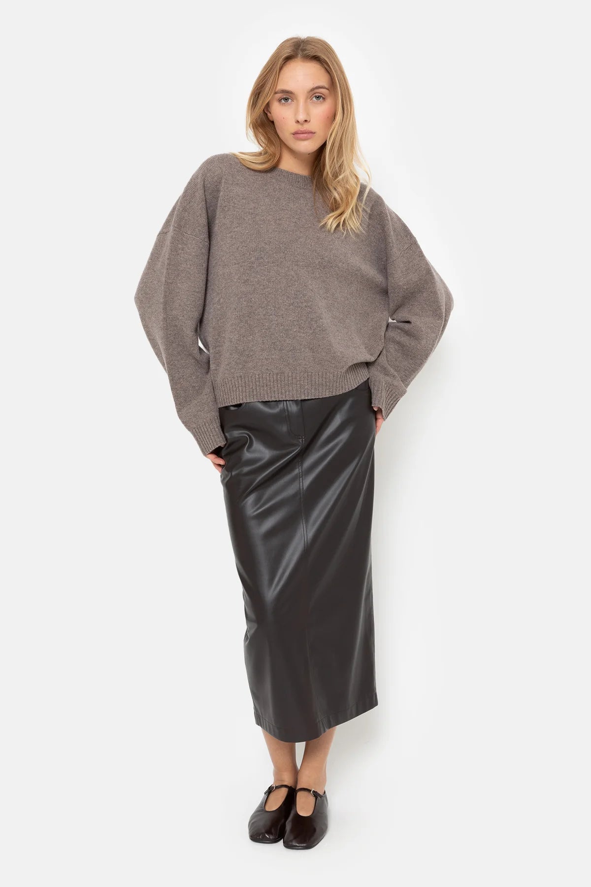 Maya Fake Leather Midi Skirt Brown