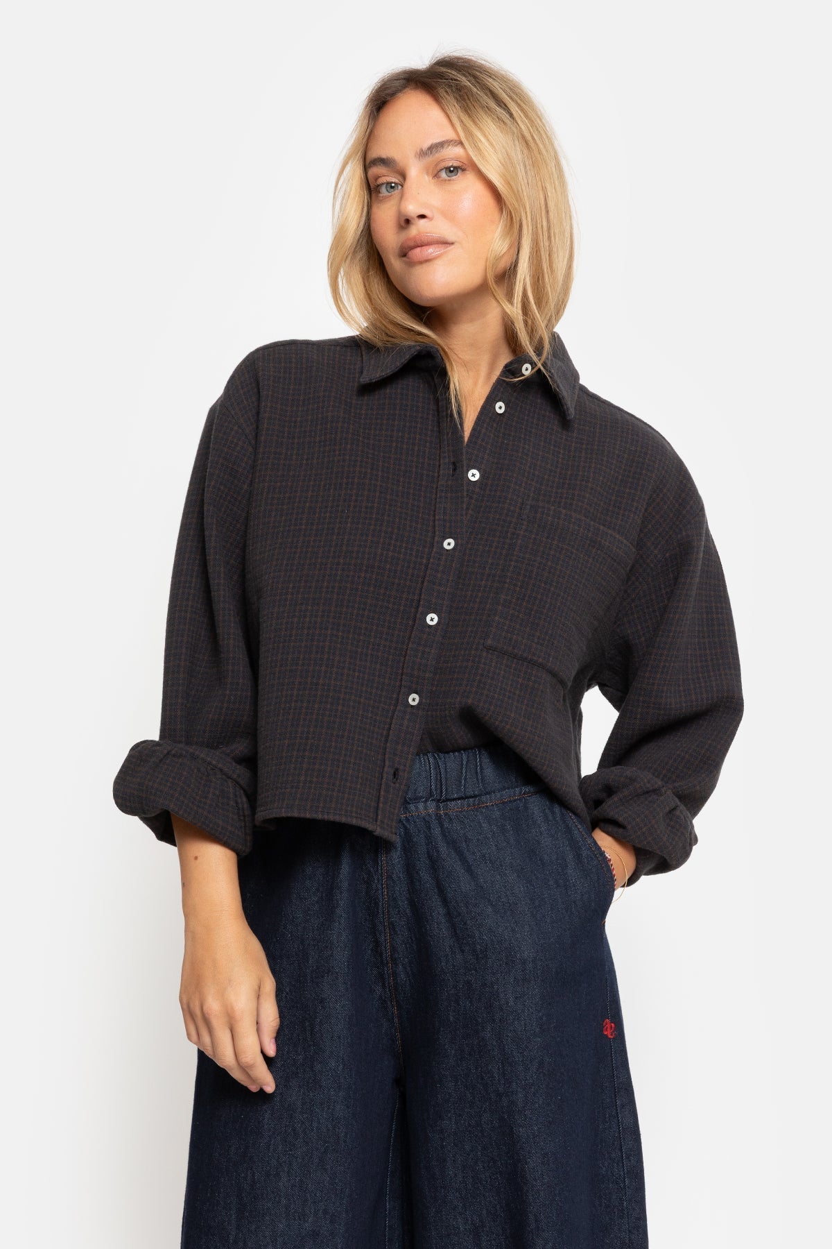 Karlotta Cropped Shirt Blue & Camel Checks