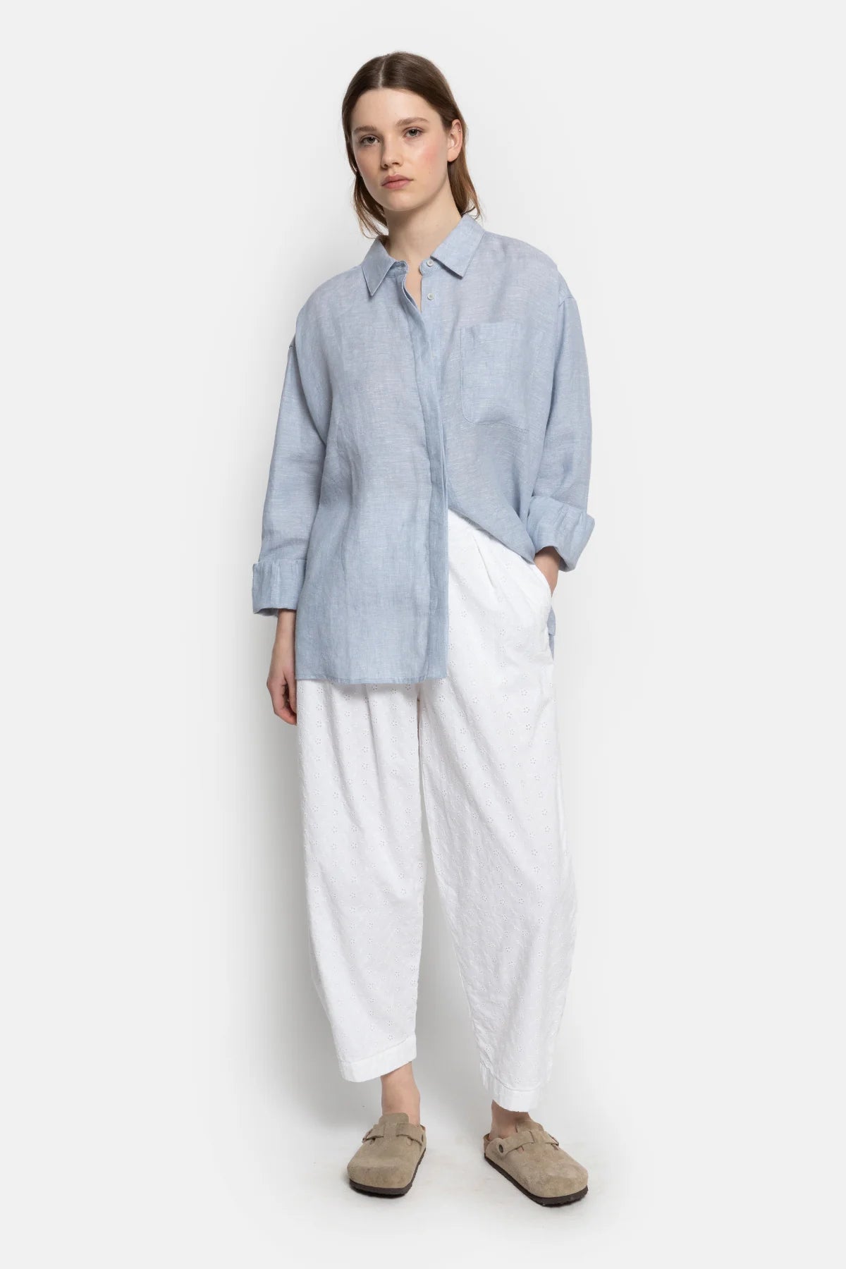 Miles Cotton Pants White Flowers Embroidered