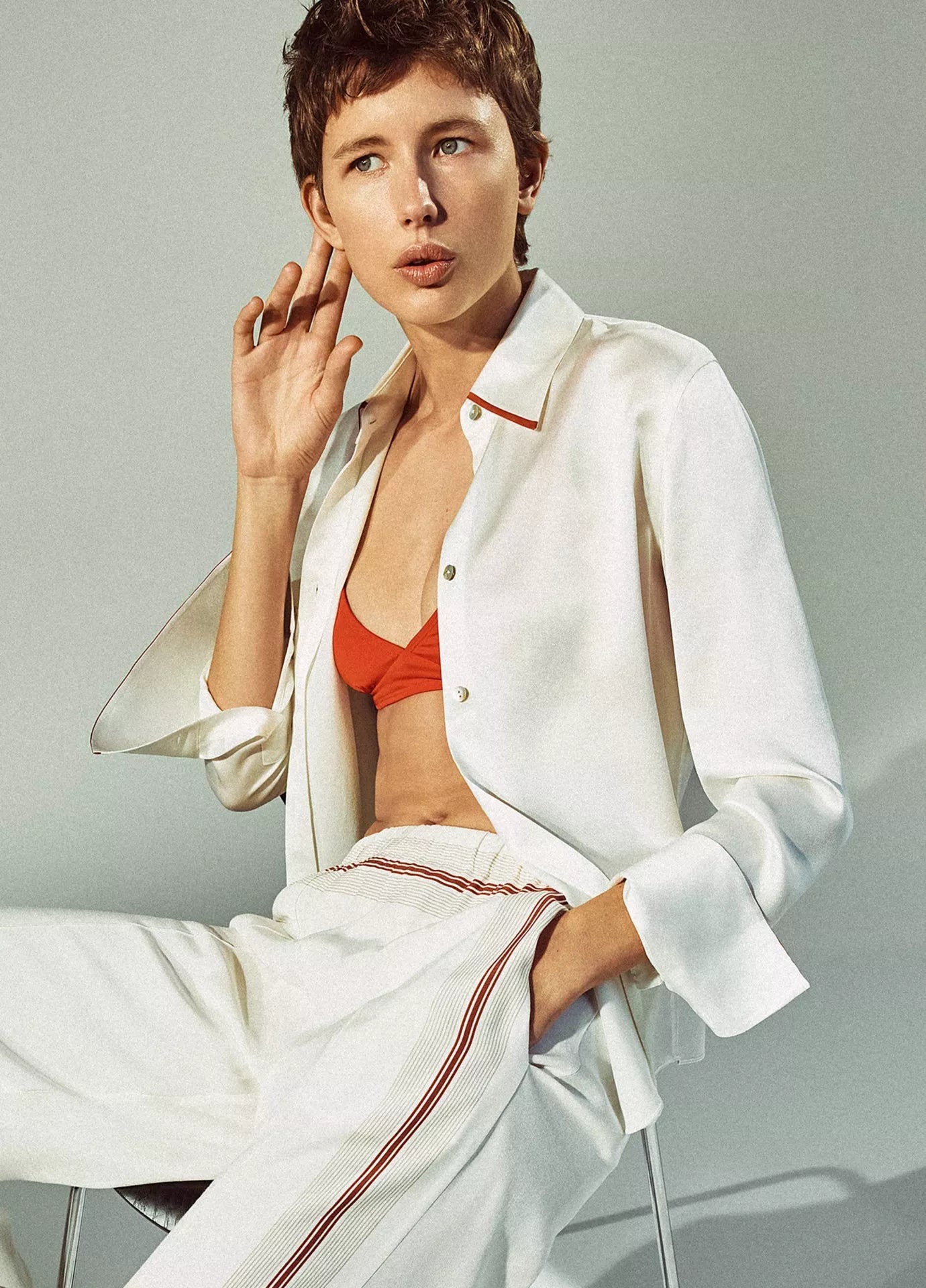 Tipped Silk Button-Front Blouse Brick Rose
